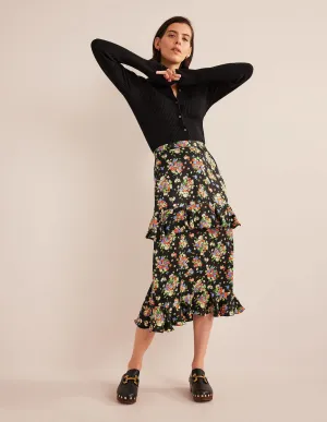 Satin Ruffle Midi Skirt-Black, Wild Cluster