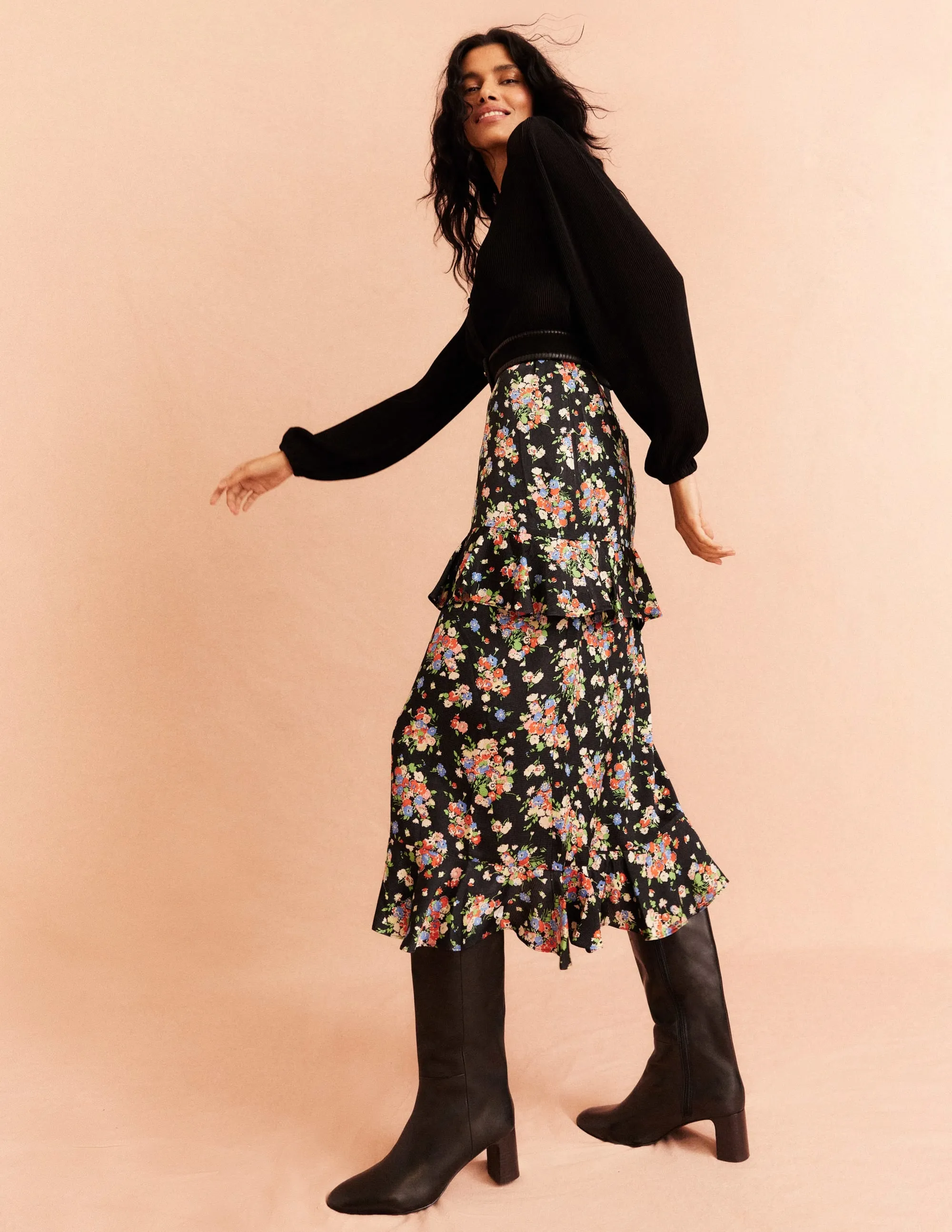 Satin Ruffle Midi Skirt-Black, Wild Cluster