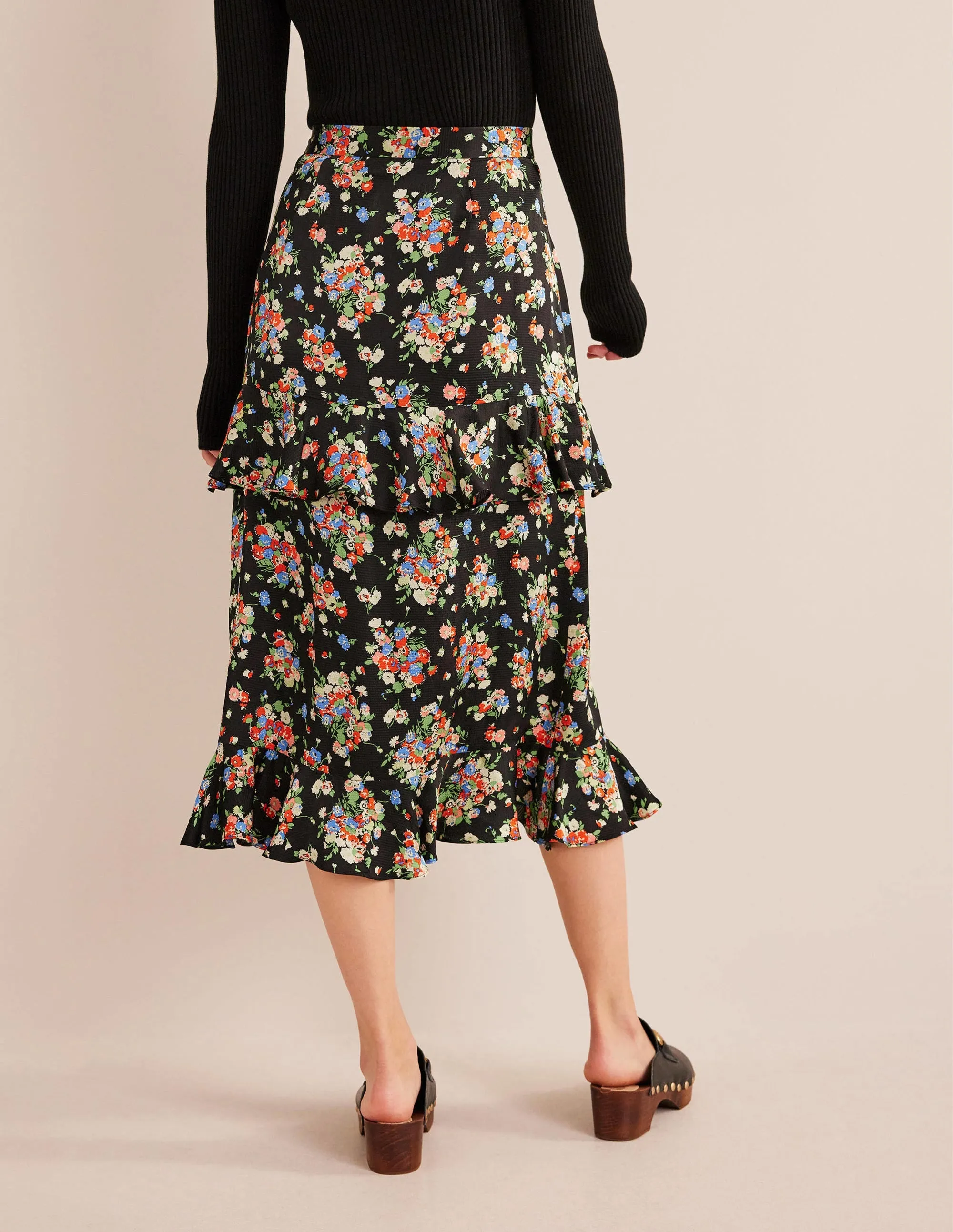 Satin Ruffle Midi Skirt-Black, Wild Cluster
