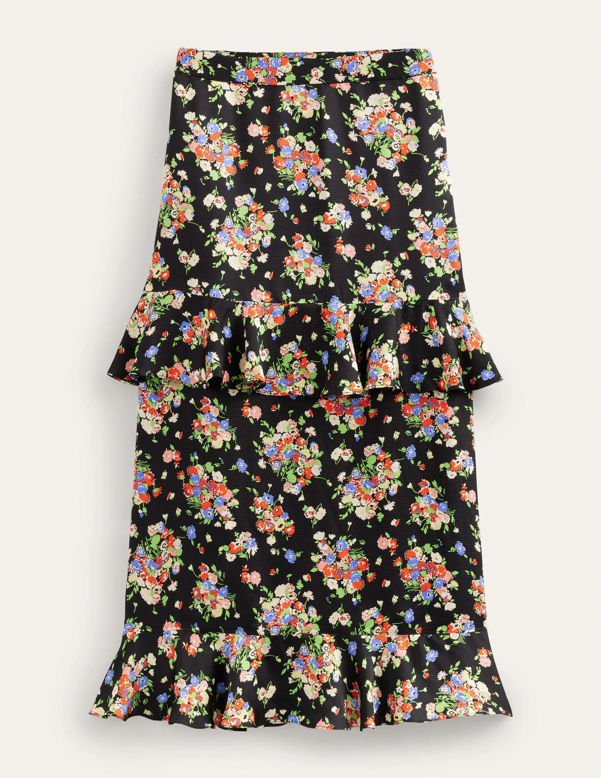 Satin Ruffle Midi Skirt-Black, Wild Cluster