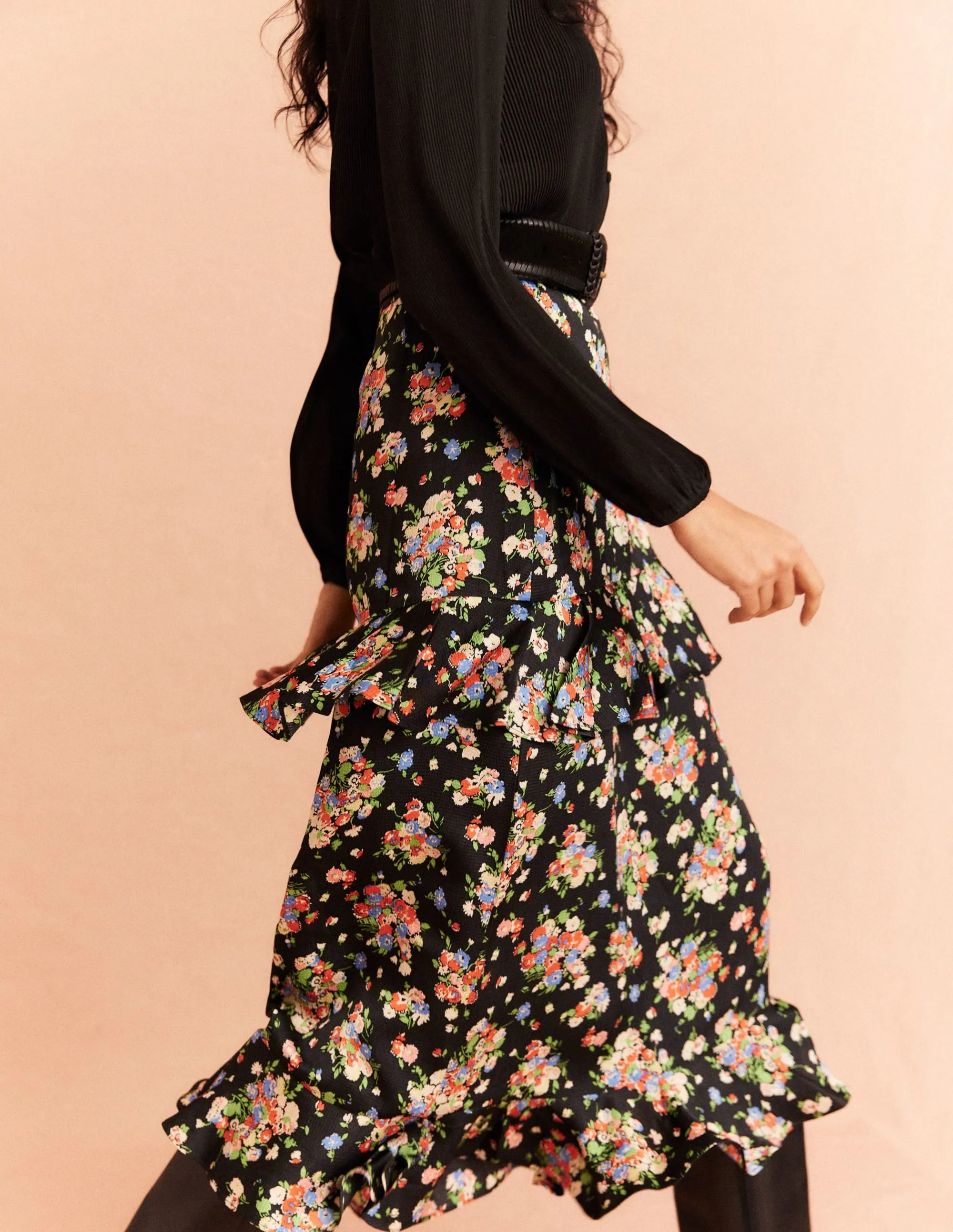Satin Ruffle Midi Skirt-Black, Wild Cluster