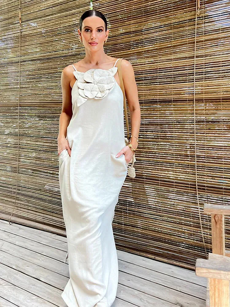 Sexy Halter Off Shoulder Floral Midi Dress Elegant Simple Backless Sleeveless Vestidos 2024 Female Fashion Beach Party Robe