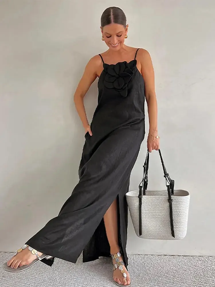 Sexy Halter Off Shoulder Floral Midi Dress Elegant Simple Backless Sleeveless Vestidos 2024 Female Fashion Beach Party Robe