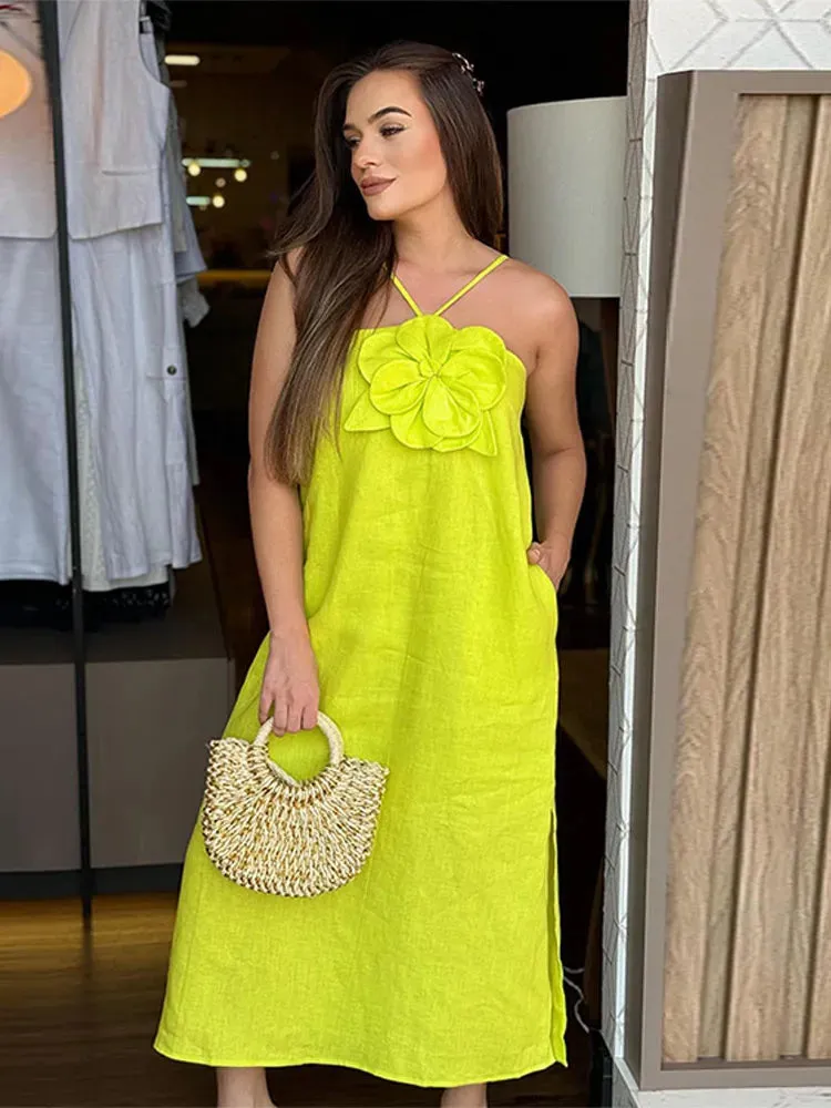 Sexy Halter Off Shoulder Floral Midi Dress Elegant Simple Backless Sleeveless Vestidos 2024 Female Fashion Beach Party Robe
