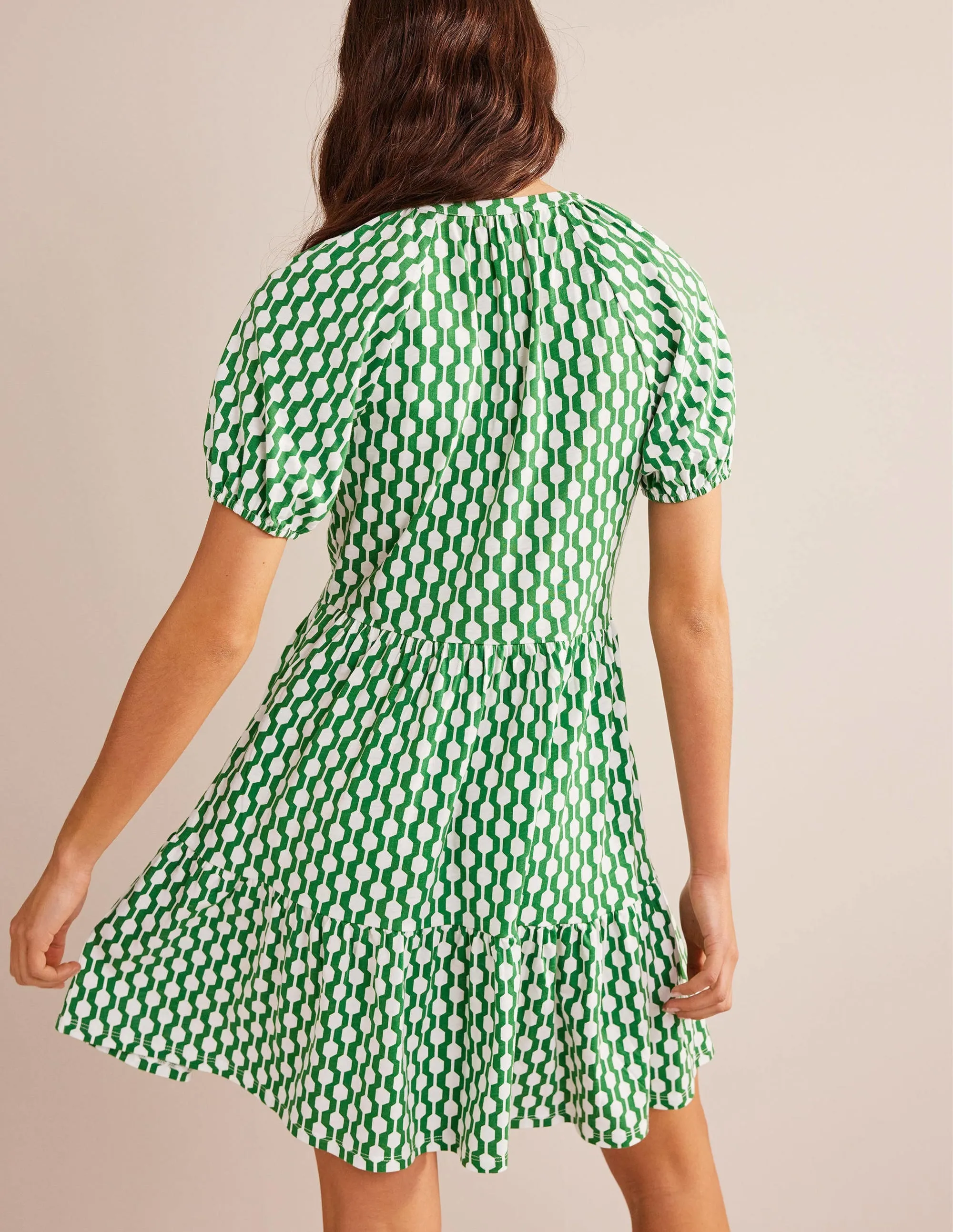 Short Sleeve Jersey Mini Dress-Rolling Hills, Geo Azure