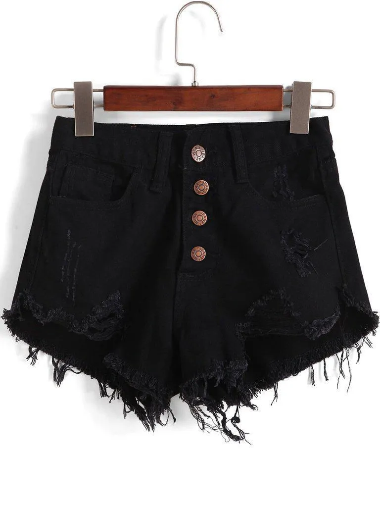 Single-breasted Ripped Fray Hem Denim Shorts