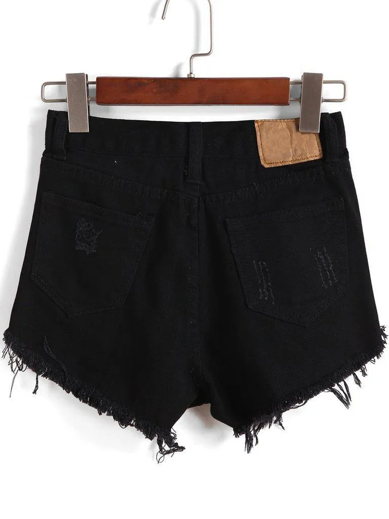 Single-breasted Ripped Fray Hem Denim Shorts