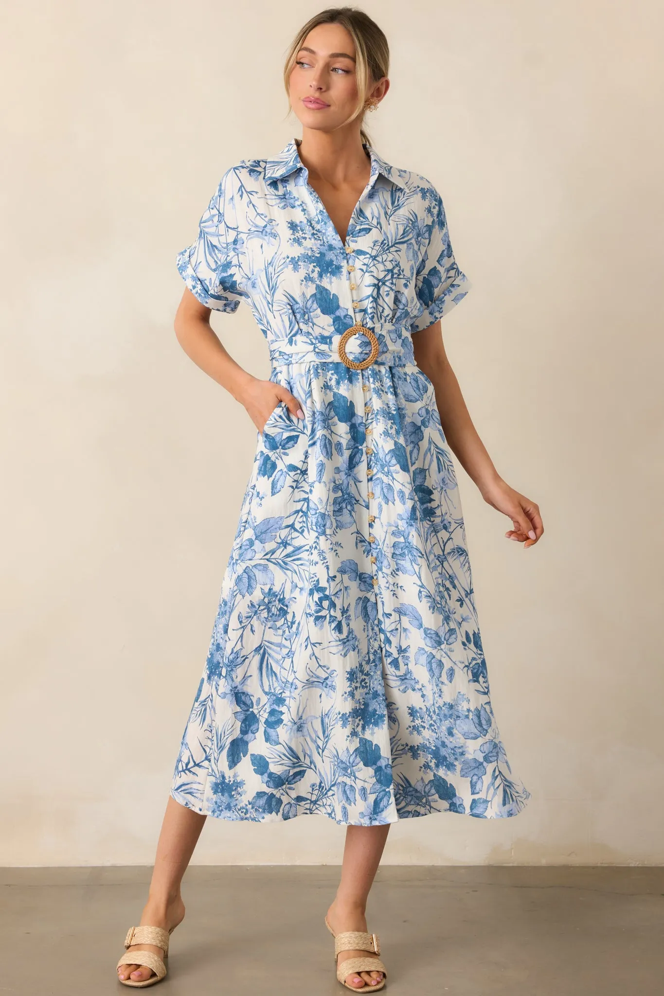 Springtime Splendor White & Blue Floral Belted Midi Dress