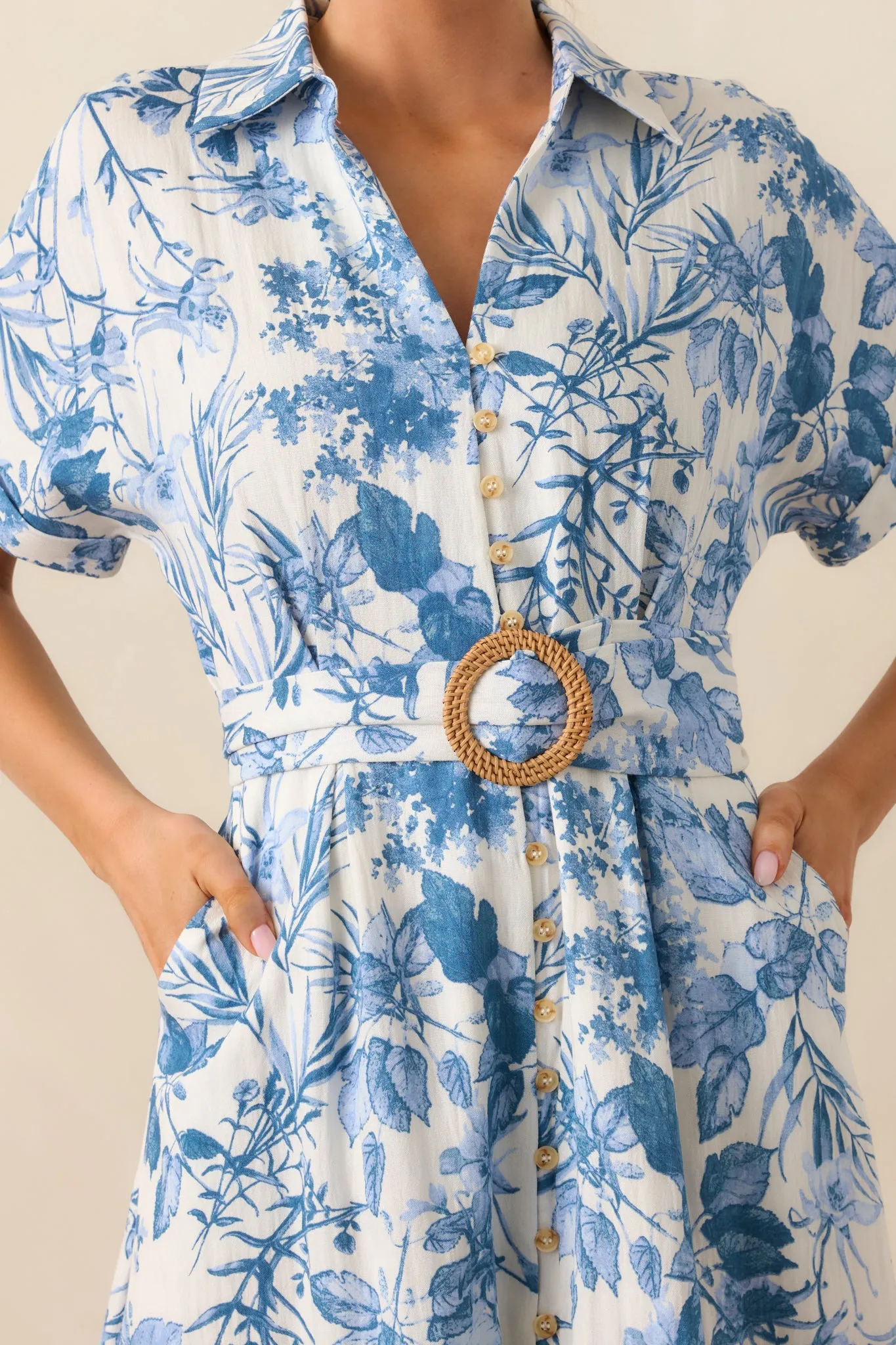 Springtime Splendor White & Blue Floral Belted Midi Dress