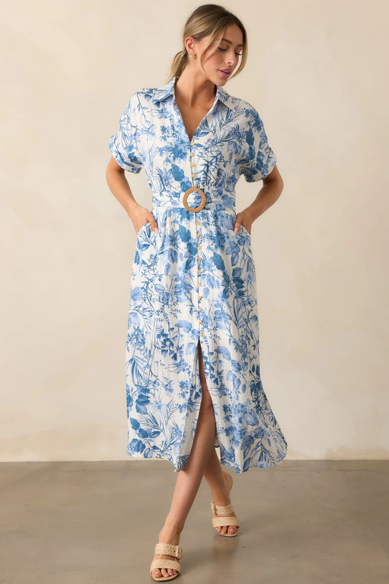 Springtime Splendor White & Blue Floral Belted Midi Dress