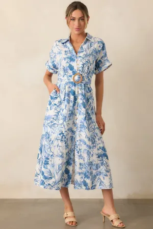 Springtime Splendor White & Blue Floral Belted Midi Dress