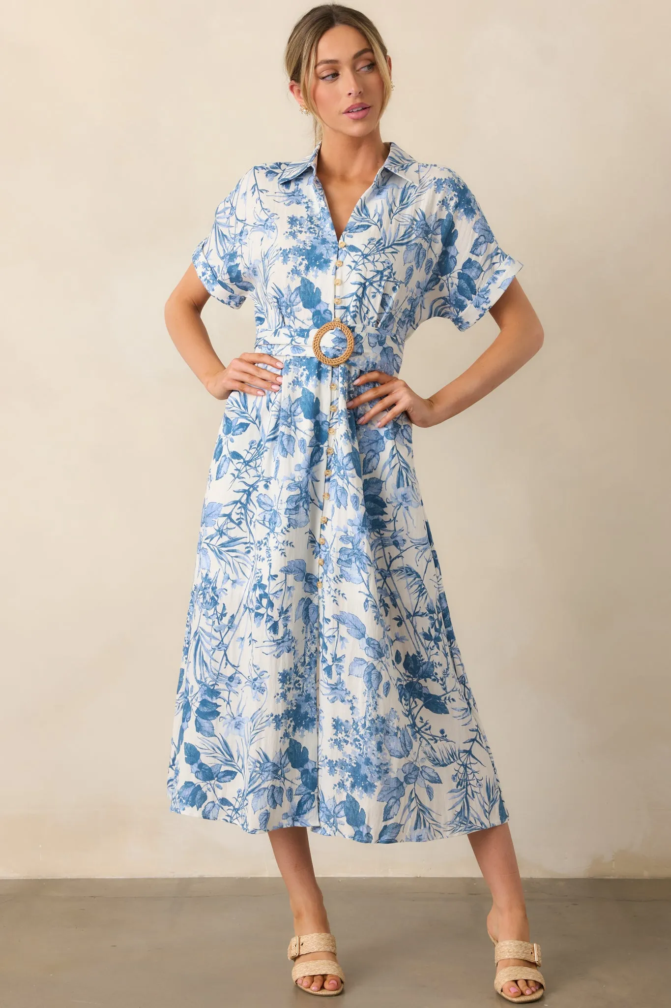 Springtime Splendor White & Blue Floral Belted Midi Dress