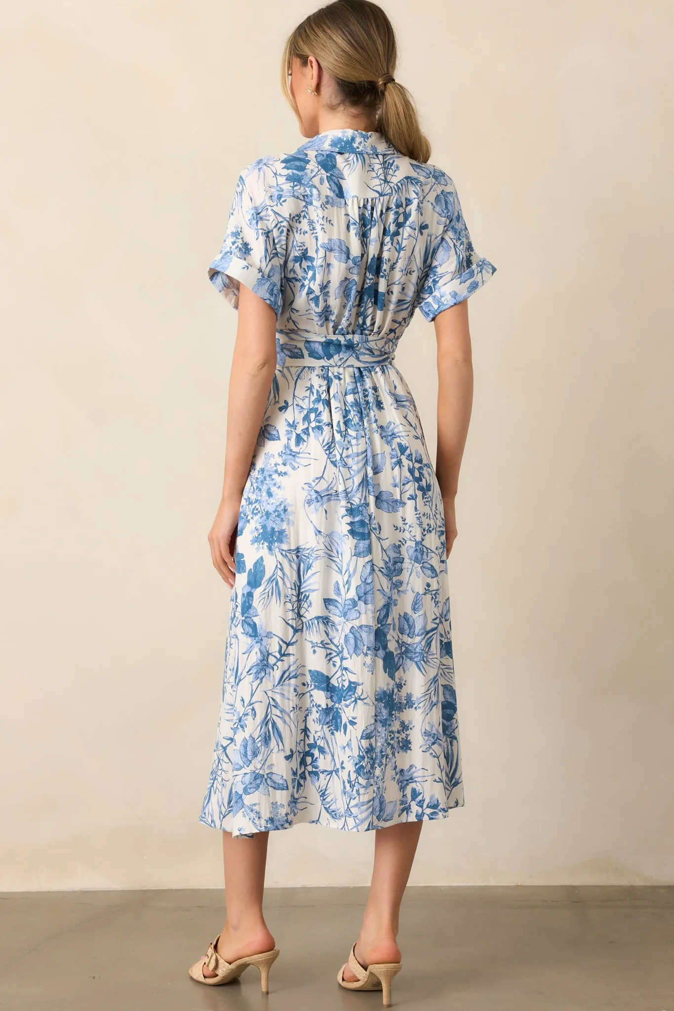 Springtime Splendor White & Blue Floral Belted Midi Dress