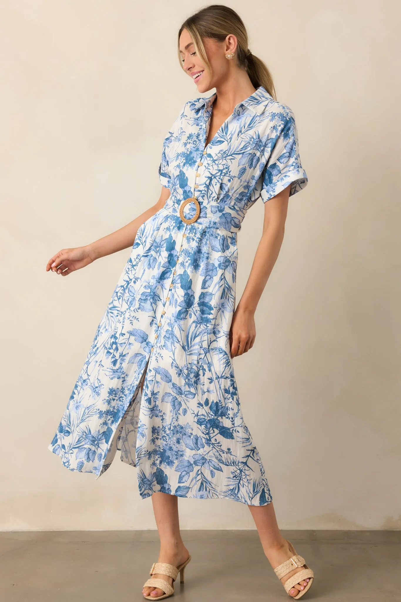 Springtime Splendor White & Blue Floral Belted Midi Dress