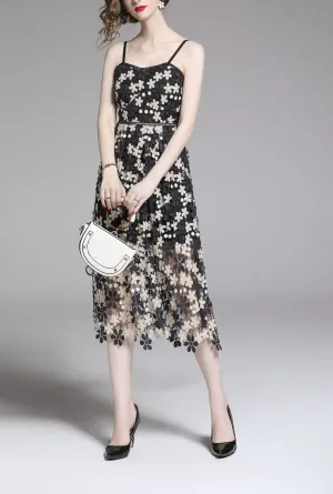 Vintage Floral Printed Lace Halter Midi Dress
