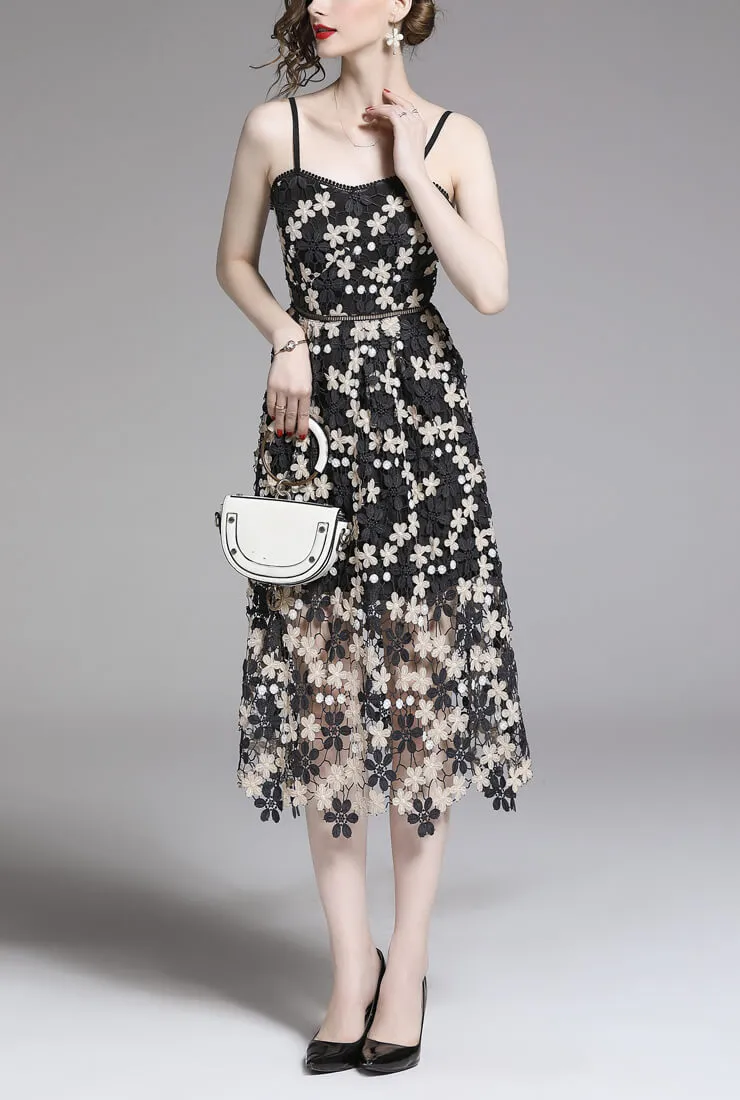 Vintage Floral Printed Lace Halter Midi Dress