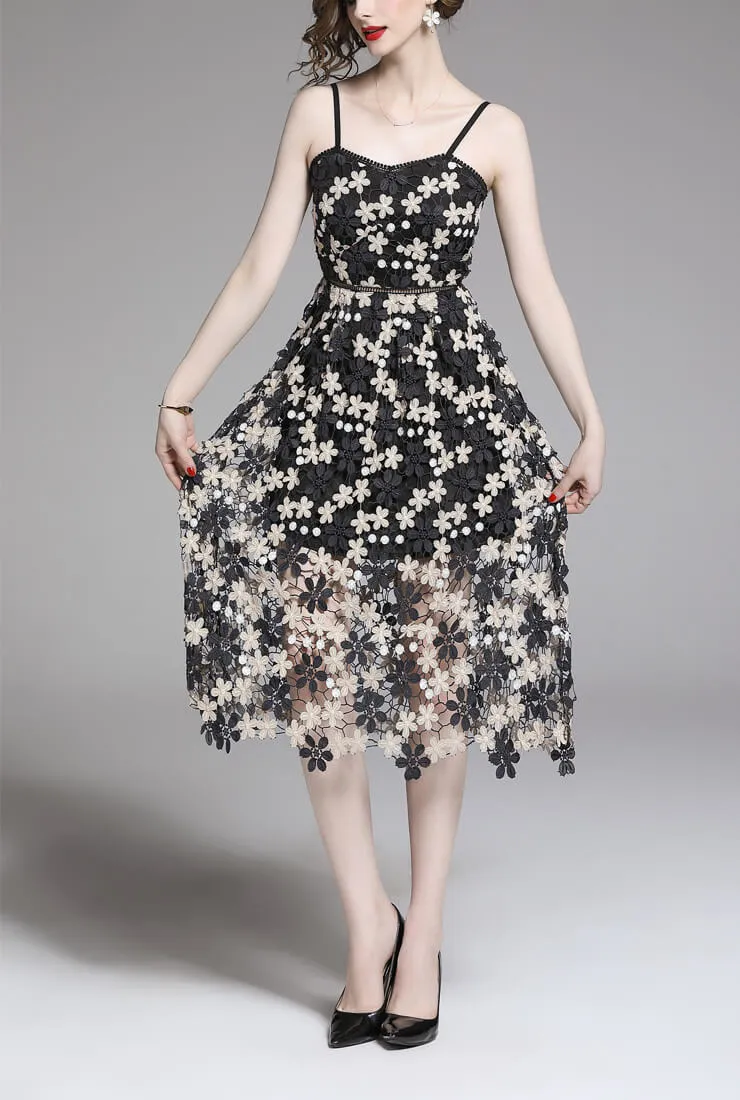 Vintage Floral Printed Lace Halter Midi Dress