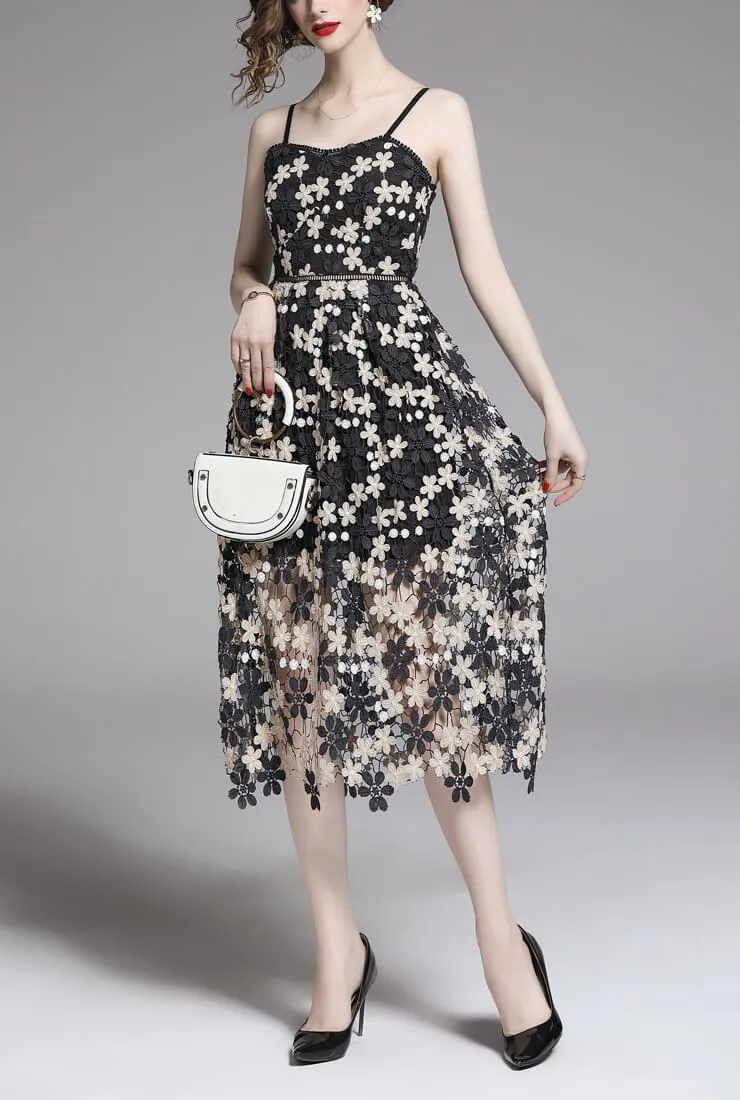 Vintage Floral Printed Lace Halter Midi Dress