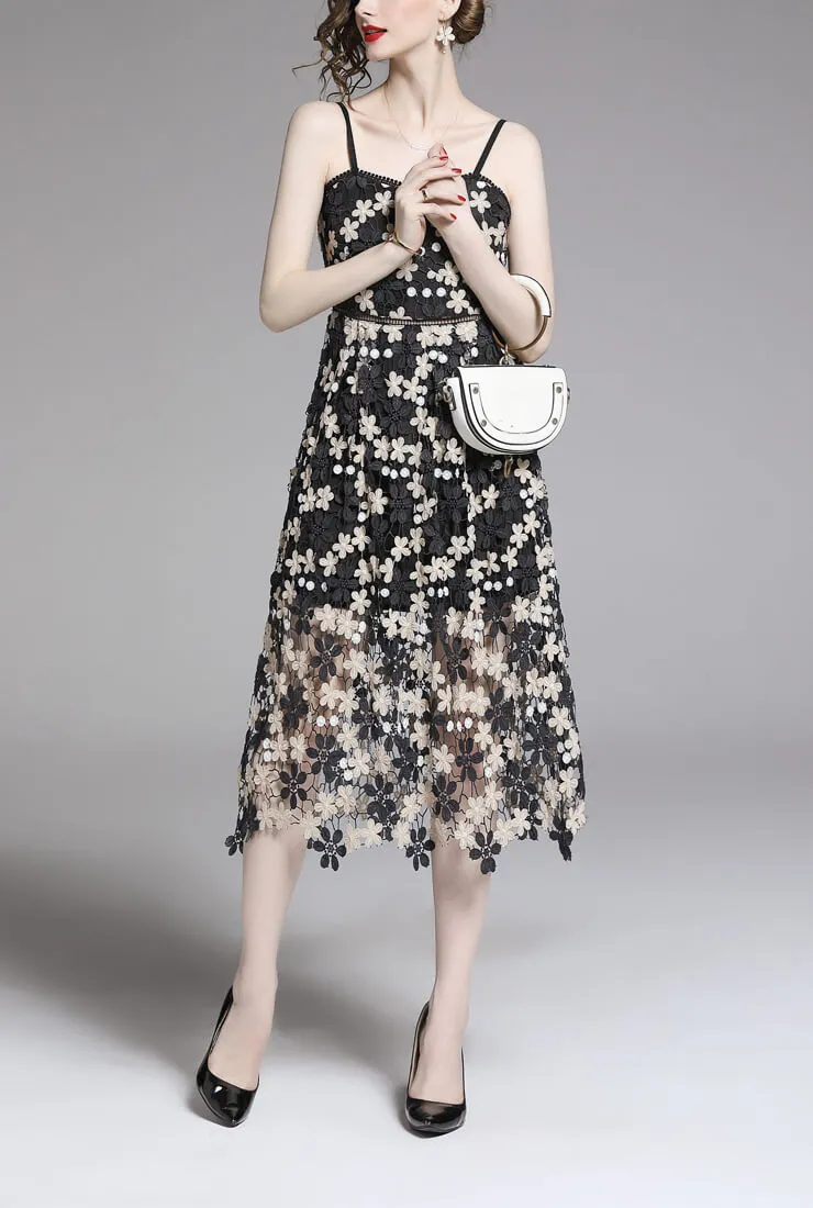Vintage Floral Printed Lace Halter Midi Dress