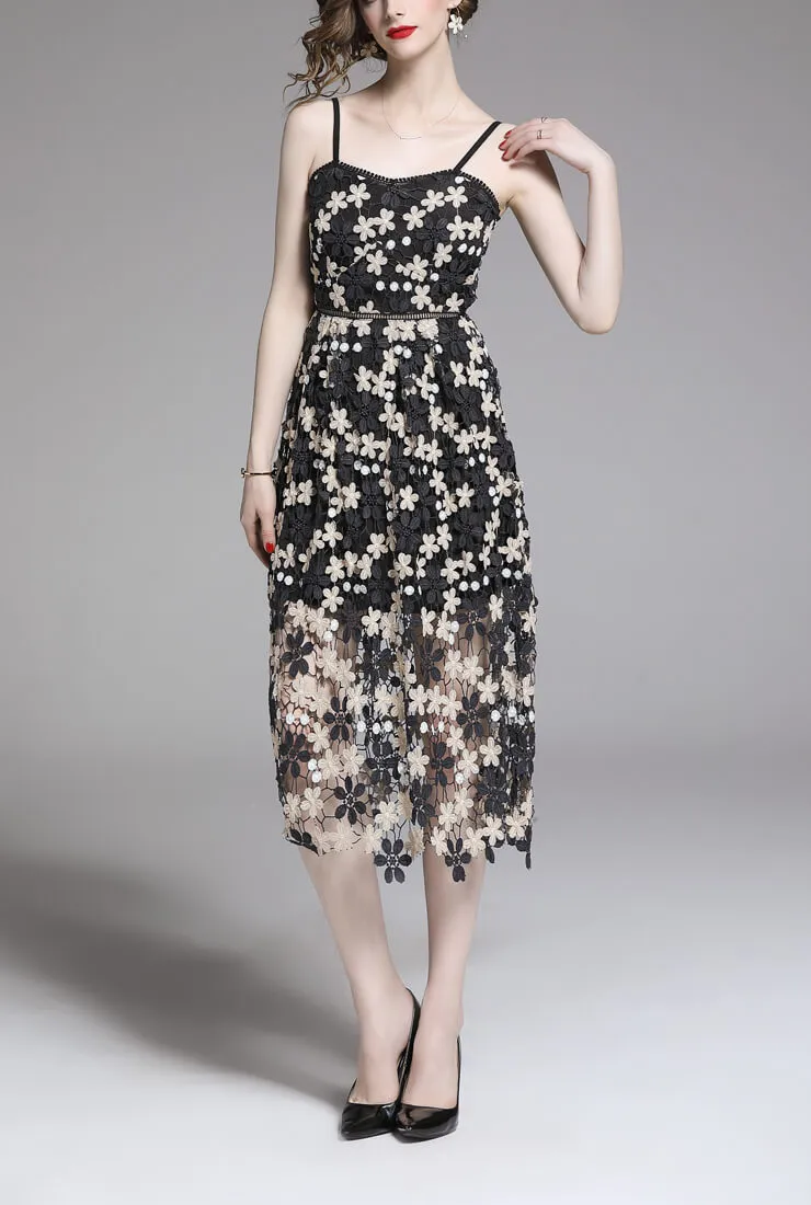 Vintage Floral Printed Lace Halter Midi Dress