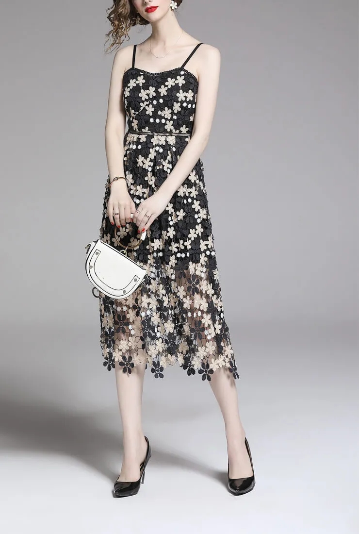 Vintage Floral Printed Lace Halter Midi Dress