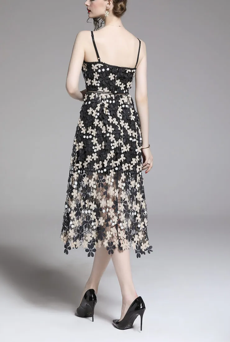 Vintage Floral Printed Lace Halter Midi Dress