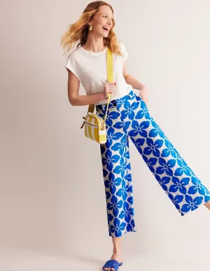 Westbourne Linen Crop Trousers-Indigo Bunting, Floral Tile