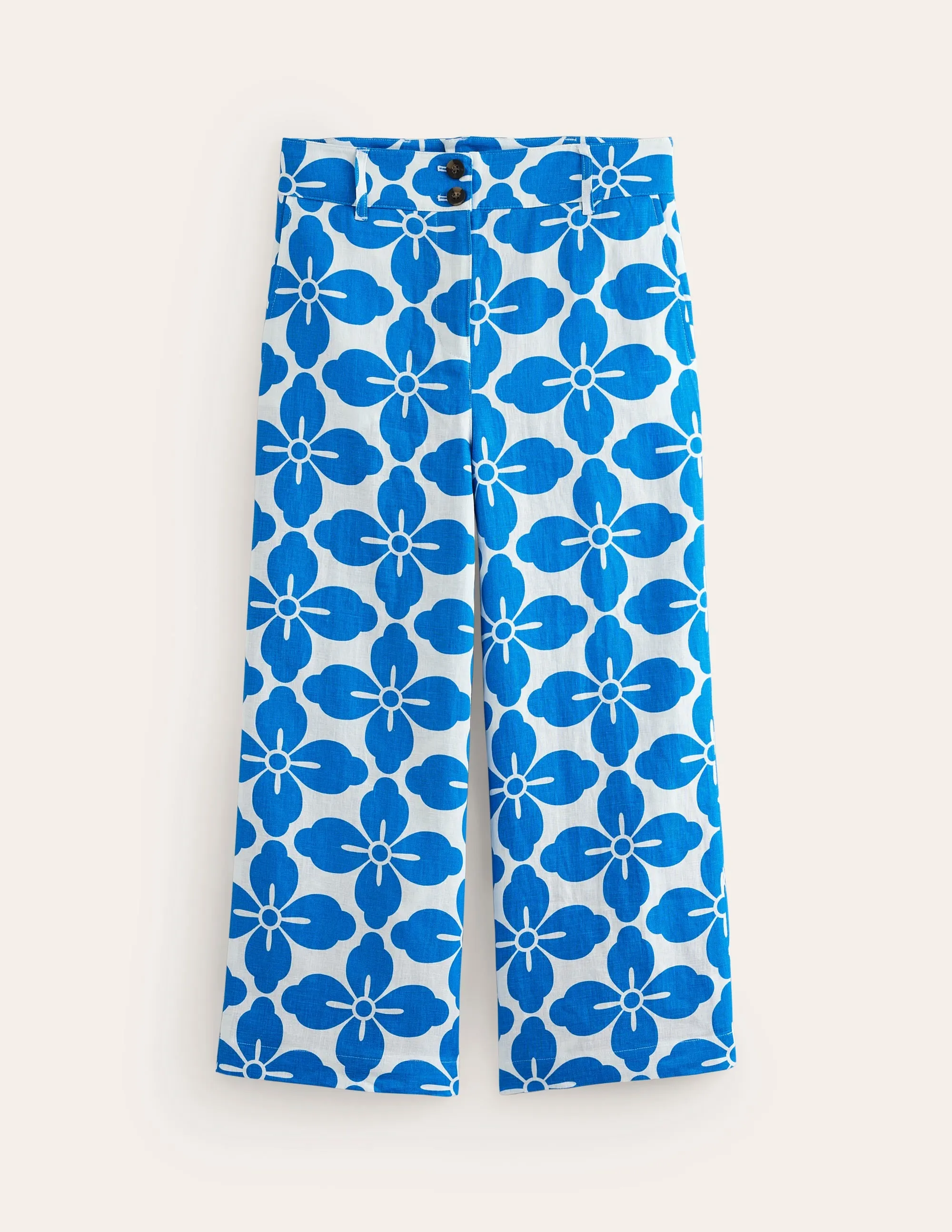 Westbourne Linen Crop Trousers-Indigo Bunting, Floral Tile