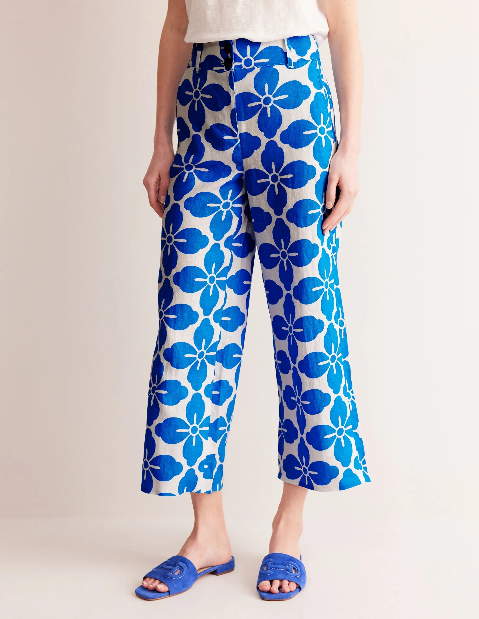 Westbourne Linen Crop Trousers-Indigo Bunting, Floral Tile