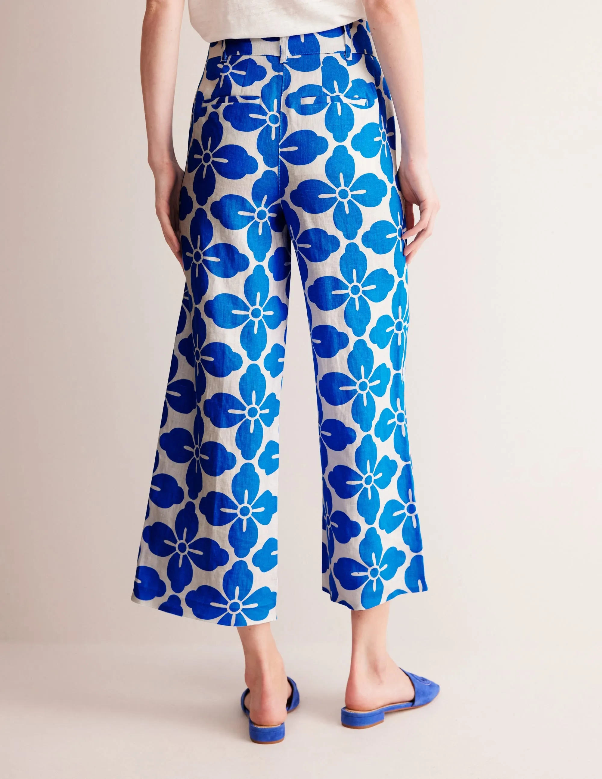 Westbourne Linen Crop Trousers-Indigo Bunting, Floral Tile