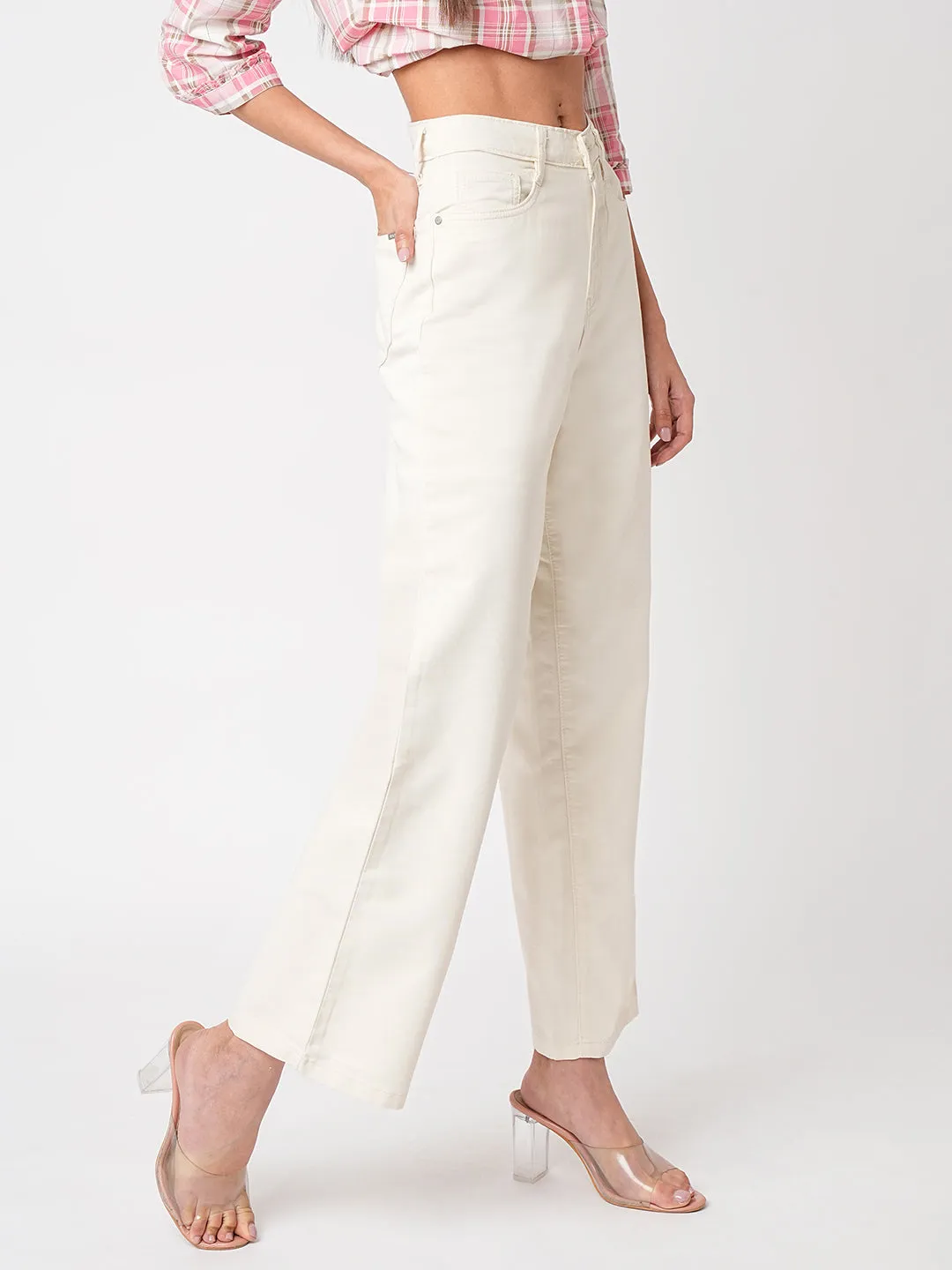 Women Ecru High-Rise Wide Leg Jeans