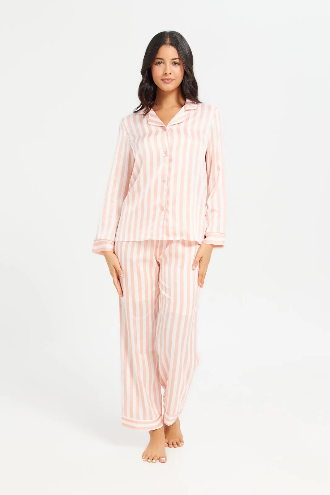Women Pink Long Sleeve Stripe Satin Pyjama Set (2 Piece)