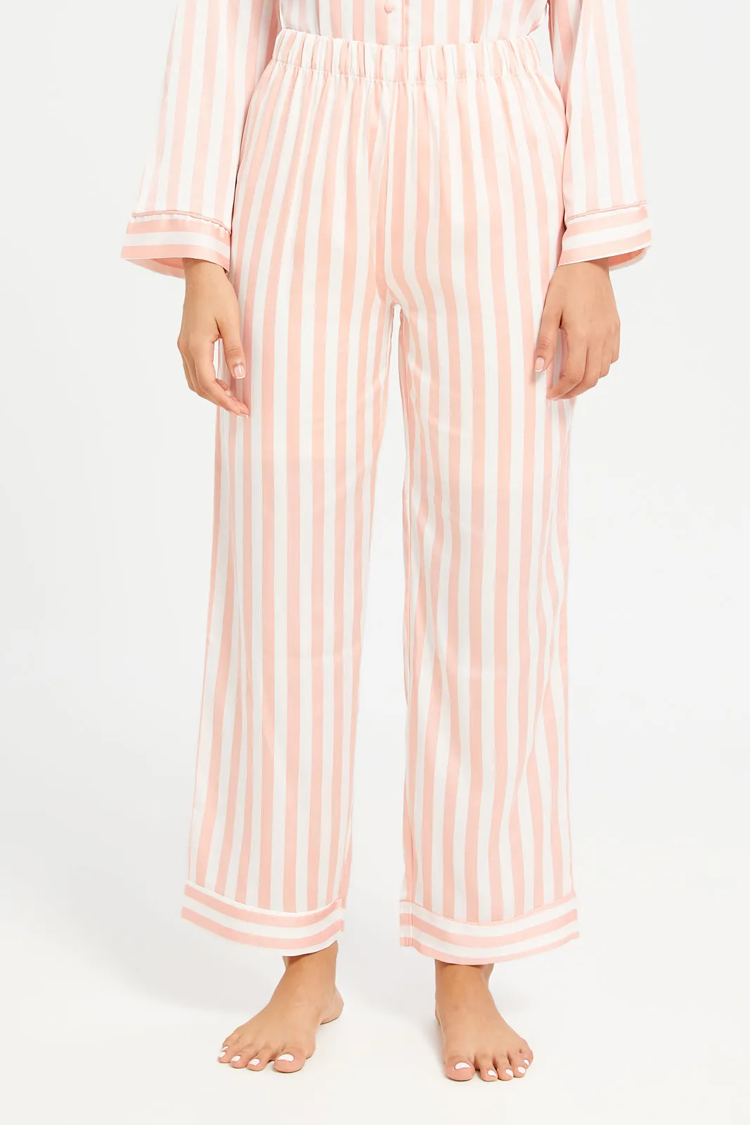 Women Pink Long Sleeve Stripe Satin Pyjama Set (2 Piece)