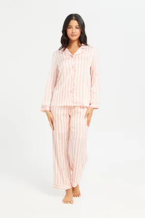 Women Pink Long Sleeve Stripe Satin Pyjama Set (2 Piece)