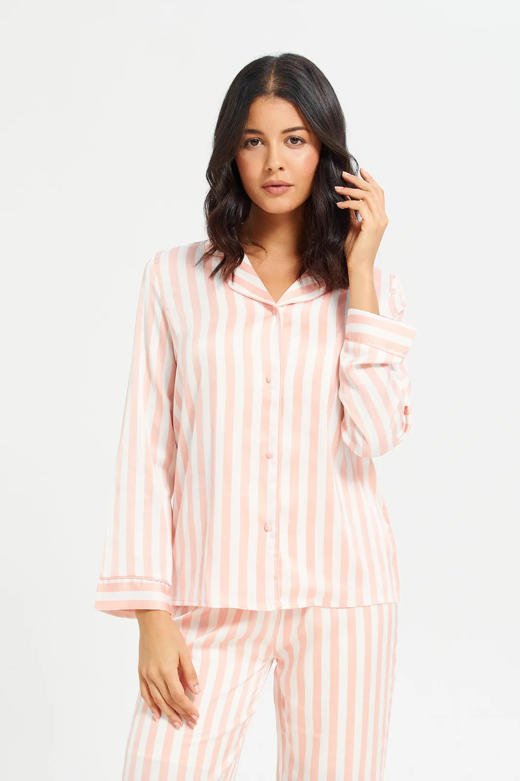 Women Pink Long Sleeve Stripe Satin Pyjama Set (2 Piece)