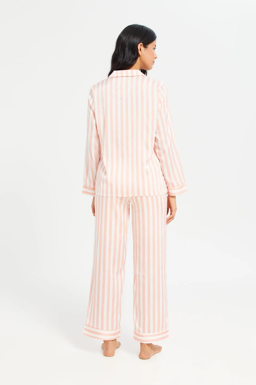 Women Pink Long Sleeve Stripe Satin Pyjama Set (2 Piece)
