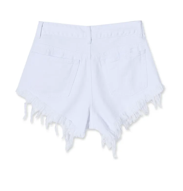 Women's Frayed Irregularity Slim Fit White High Waist Denim Shorts